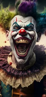 Colorful evil clown wallpaper with vibrant details and dark tones for mobile.