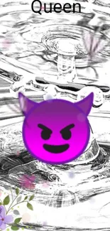 Bright purple devil emoji with floral accents on a swirling black and white background.