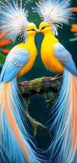 Two vibrant exotic birds with colorful plumage perched on a branch.