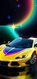 Yellow exotic sports car with neon rainbow glow and stars.