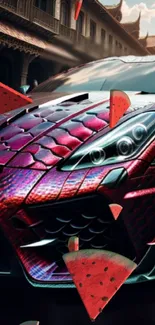 Magenta scale-patterned car with watermelon slices on an artistic backdrop.