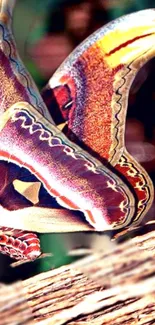 Close-up of an exotic moth with intricate wing patterns on vibrant display.