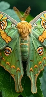 Exotic green moth resting on leafy surface in nature.