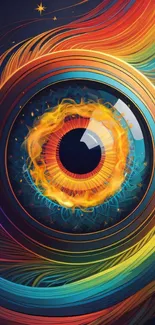 Abstract fiery eye with vibrant colors and swirling patterns for mobile wallpaper.