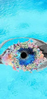 Abstract eye with vibrant florals on a sky blue background.