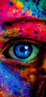 Vibrant abstract wallpaper with a blue eye and colorful face paint pattern.