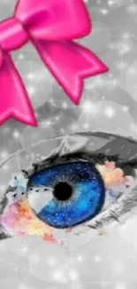 Distinctive blue eye with pink bow and sparkles wallpaper.