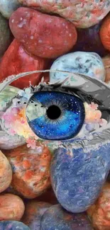 Vibrant blue eye with colorful stones in background.