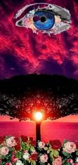 Surreal wallpaper with blue eye over a sunset and tree silhouette scene.