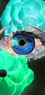 Artistic eye with galaxy and flowers on turquoise background.