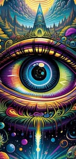 Psychedelic eye art wallpaper with vibrant colors and cosmic details.