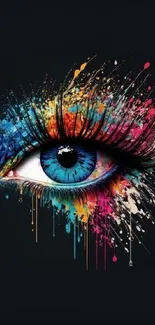 Vibrant eye art with colorful splashes on a dark background.