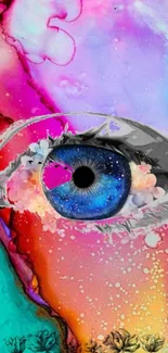 Abstract cosmic eye art with vibrant pink and blue colors.