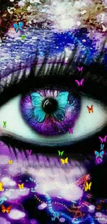 A vibrant digital art wallpaper featuring a purple eye with cosmic elements.