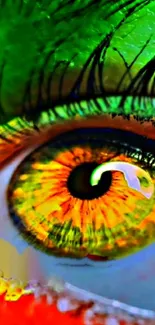 Vibrant eye art in green and orange hues.