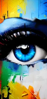 Close-up of a vibrant abstract blue eye in colorful art design.