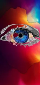 Colorful cosmic eye with floral art on a vibrant red background.