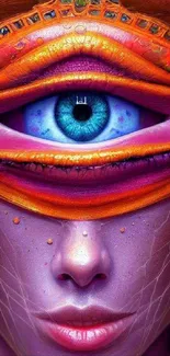 Colorful surreal eye art wallpaper with vibrant purple and orange hues.