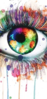 Vibrant eye art with watercolor splashes creating a colorful, artistic mobile wallpaper.