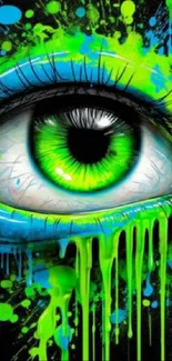 Artistic neon green eye with splash design wallpaper.