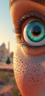 Close-up of a vibrant blue eye with a scenic background.