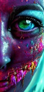 Colorful, fantasy-inspired face with vibrant green eye.