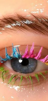 Close-up of colorful, artistic eye with vibrant mascara and glossy finish.