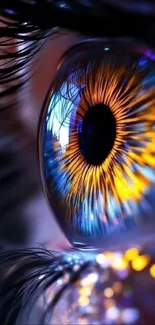 Close-up of a vibrant, colorful eye with intricate details and bright hues.