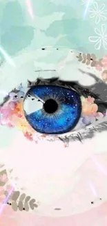 Colorful fantasy art of a cosmic eye with floral designs.