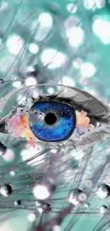 Blue eye with floral galaxy background.