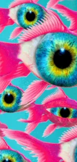 Vibrant wallpaper featuring pink fish with eyes on a turquoise background.