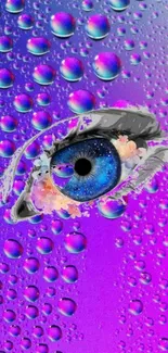 Vibrant eye with raindrop accents on purple background.