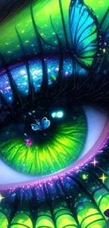 Vibrant green eye with butterflies design