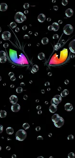 Mobile wallpaper with vibrant rainbow eyes and bubbles on a dark background.