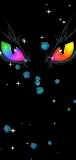 Colorful eyes and crystals on dark cosmic wallpaper with stars.