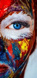 Vibrant abstract face art with colorful paint design.