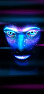 Vibrant neon face with cosmic blue glow on a dark background.