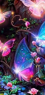 Colorful fairy butterflies in an enchanted forest wallpaper.