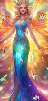 Fantasy fairy art with vibrant wings and a colorful dress in magical hues.