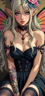 Fantasy fairy girl with colorful wings and tattoos.