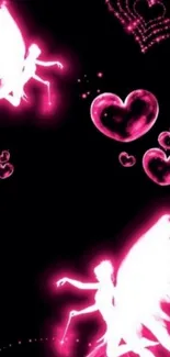 Glowing pink fairies and hearts on black background.