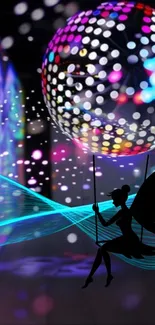 Fairy silhouette swings under vibrant disco ball with glowing lights.