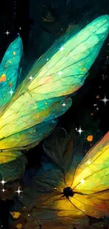 Vibrant glowing fairy wings in a dark forest setting, creating a magical atmosphere.