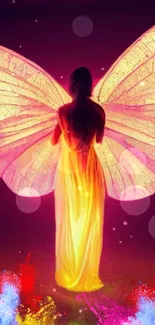 Fairy with glowing pink wings on mystical wallpaper