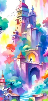 Colorful fairytale castle artwork with vibrant hues and a dreamy landscape.