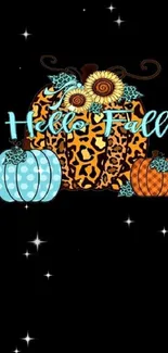 Leopard print and blue pumpkins with "Hello Fall" text on a black background.