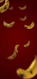 Falling bananas mobile wallpaper with vibrant colors and dark red background.