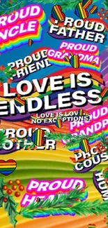 Family love wallpaper with rainbow colors and pride-themed text.