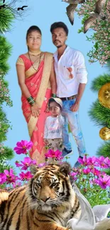 Vibrant family photo with nature background and tiger in a colorful collage.