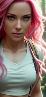 Fantasy character with pink hair in forest.